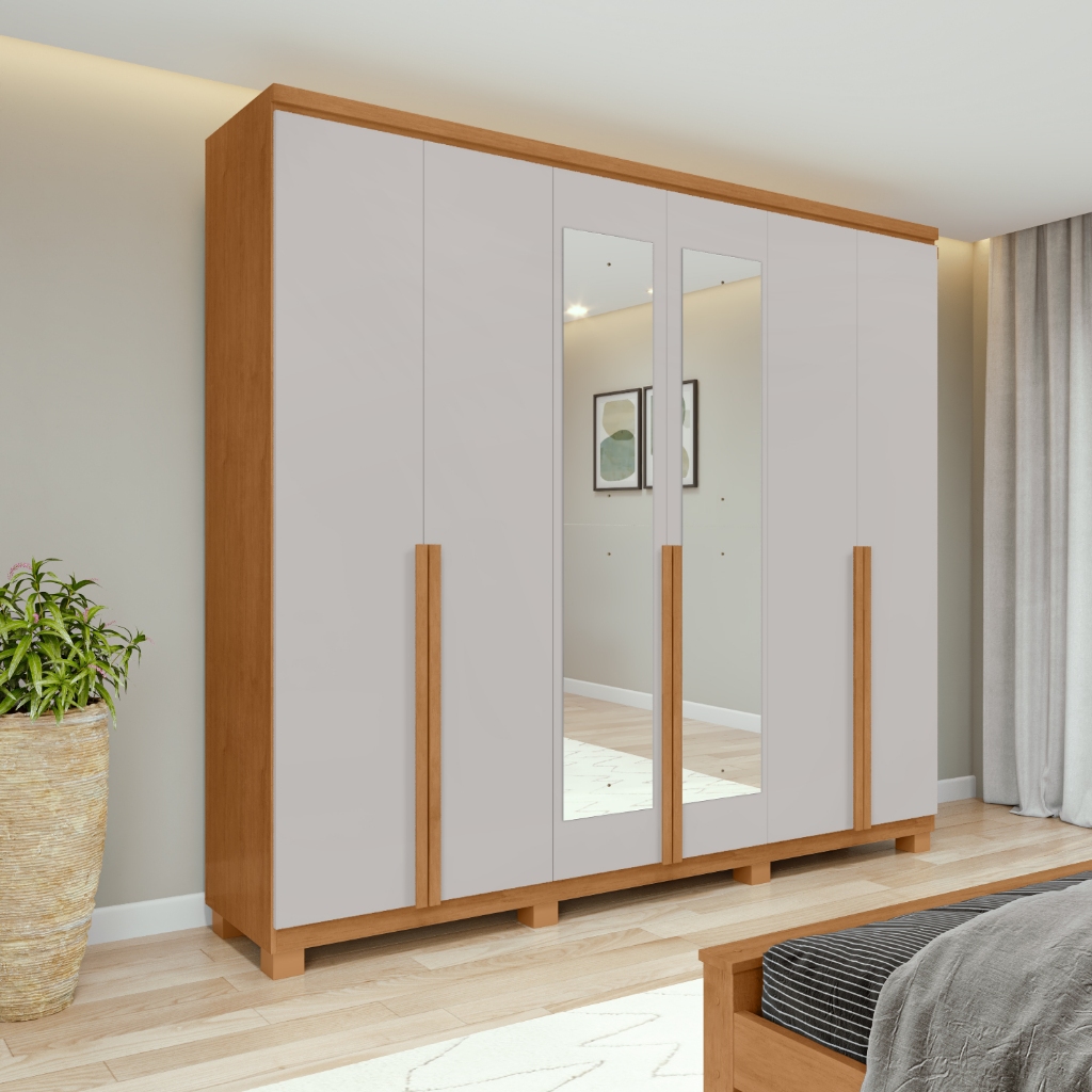 Guarda-Roupa Casal 100%MDF Alonzo 6 Portas 4 Gav Com Espelho e Pés Amêndoa/Off em Oferta na Shopee