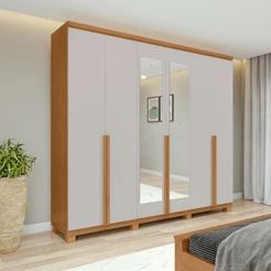Guarda-Roupa Casal 100%MDF Alonzo 6 Portas 4 Gav Com Espelho e Pés Amêndoa/Off