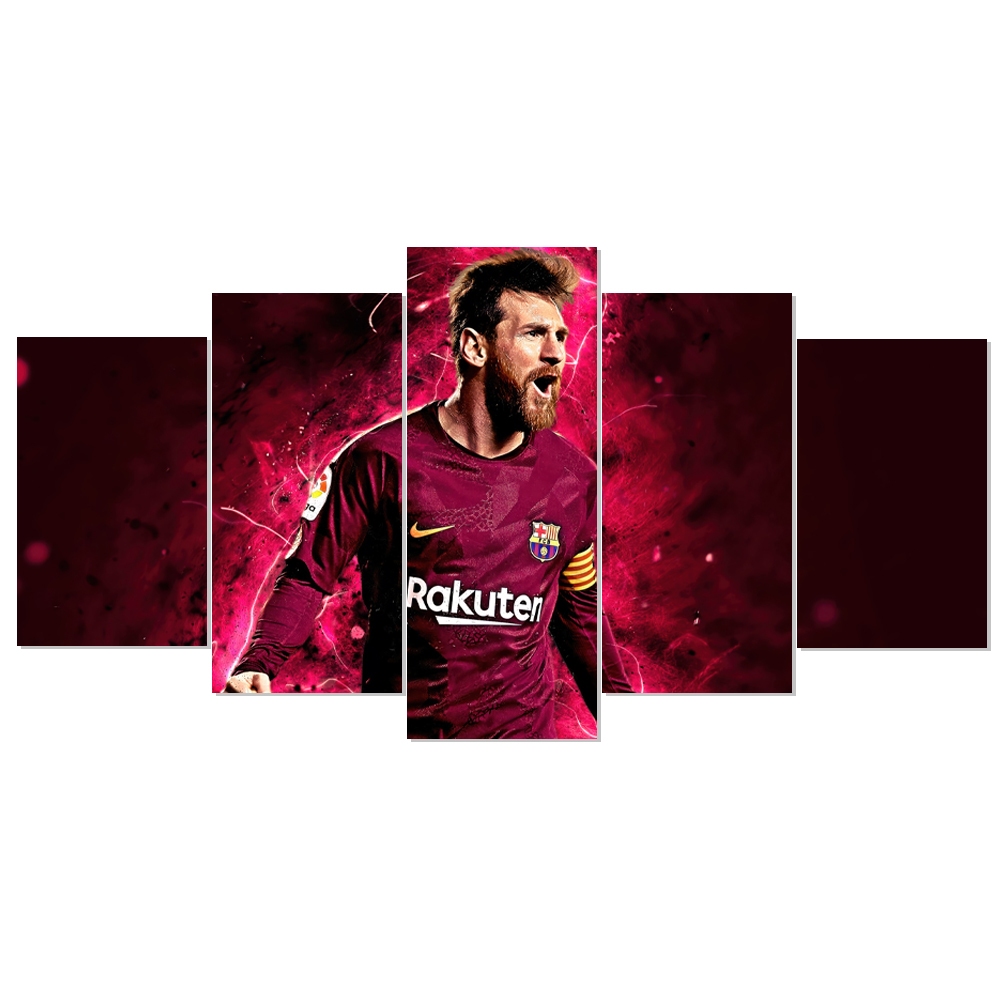 Quadro Decorativo Messi Barcelona Futebol Jogador Esporte Mosaico 5 Peças Sala Quarto e Hall