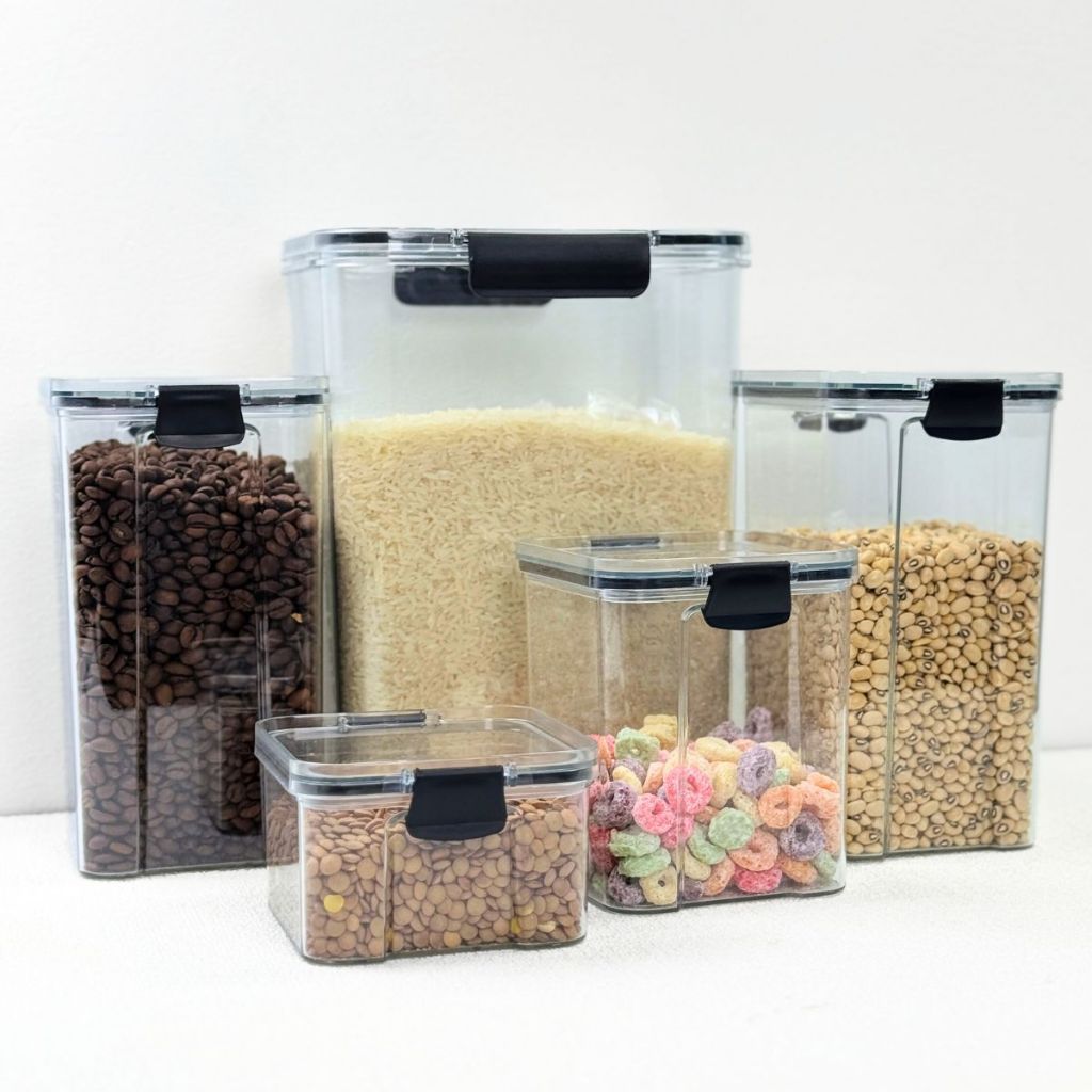 Kit  Potes Herméticos em Acrílico Cristal com Trava – Design Empilhável e Ideal para Mantimentos