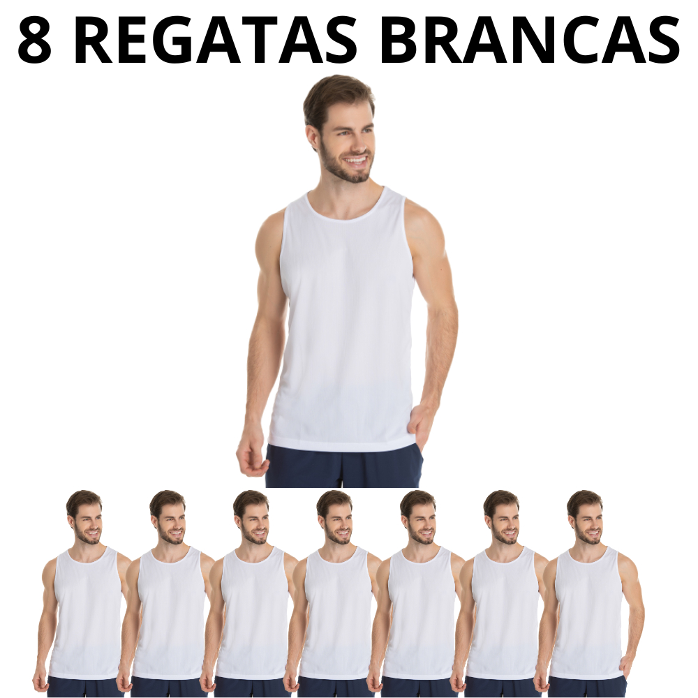 Kit 8 Camisas Regata Branca Proteção 100% Camiseta Poliéster Sublimação