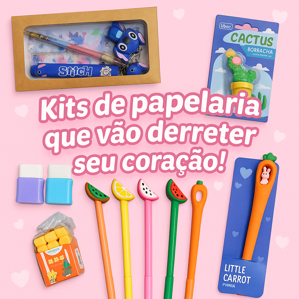 PAPELARIA FOFA, MATERIAL ESCOLAR, KIT CANETA FOFA, BORRACHAS, LAPIS, MARCA TEXTO PAPELARIA CRIATIVA