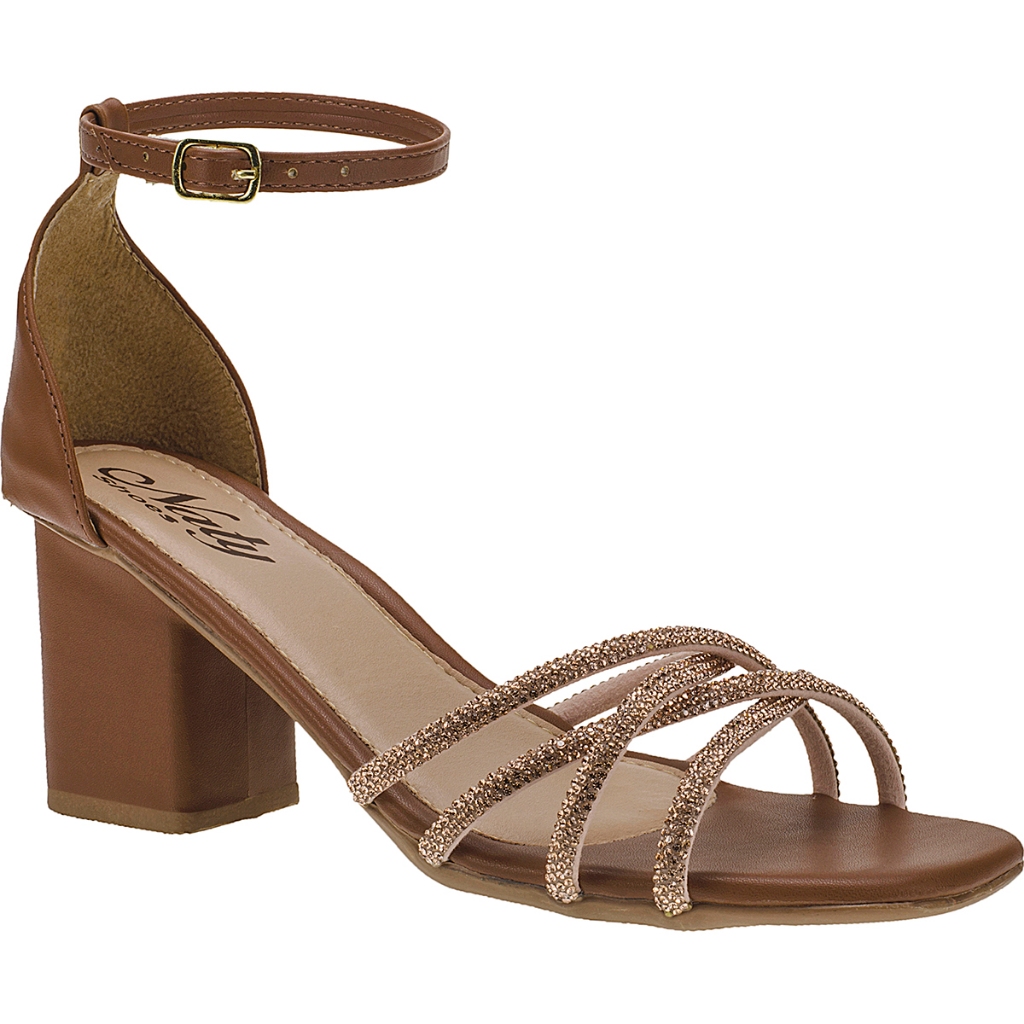 Sandália de Salto Alto Bloco Tiras de Strass Pedraria Traseiro Fechado com Fivela Naty Shoes em Oferta na Shopee
