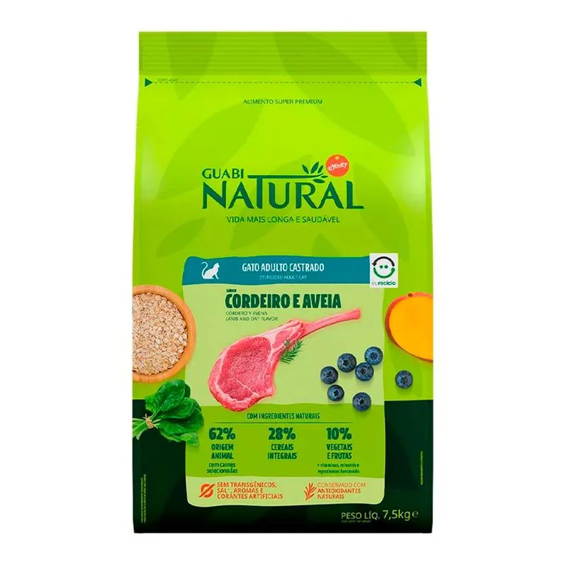 Racao Guabi Natural Gatos Castrados Cordeiro E Aveia 7,5kg em Oferta na Shopee