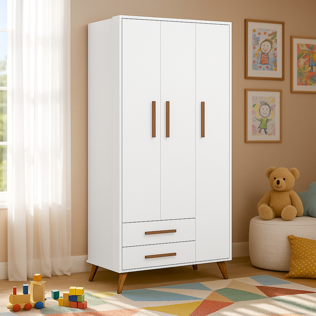 Guarda Roupa Multiuso Retrô Com 3 Portas e 2 Gavetas Infantil Com Pés Palito em Madeira em Oferta na Shopee