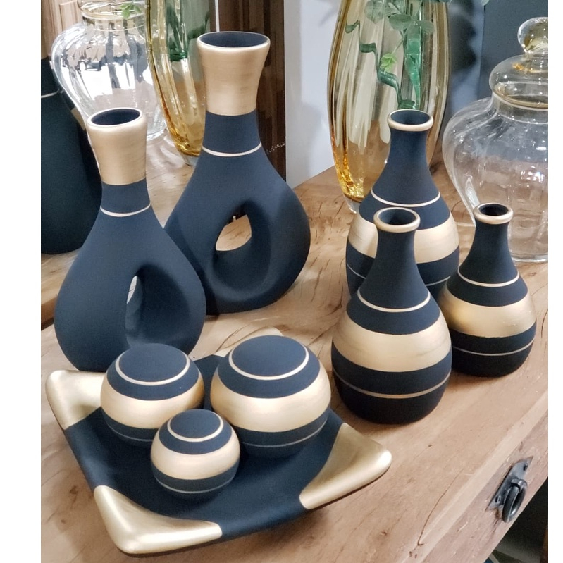 Conjunto 9 Peça Jogo cerâmica Kit Vaso Decorativo Centro Mesa Sala enfeite rack Garrafas Decor jarro