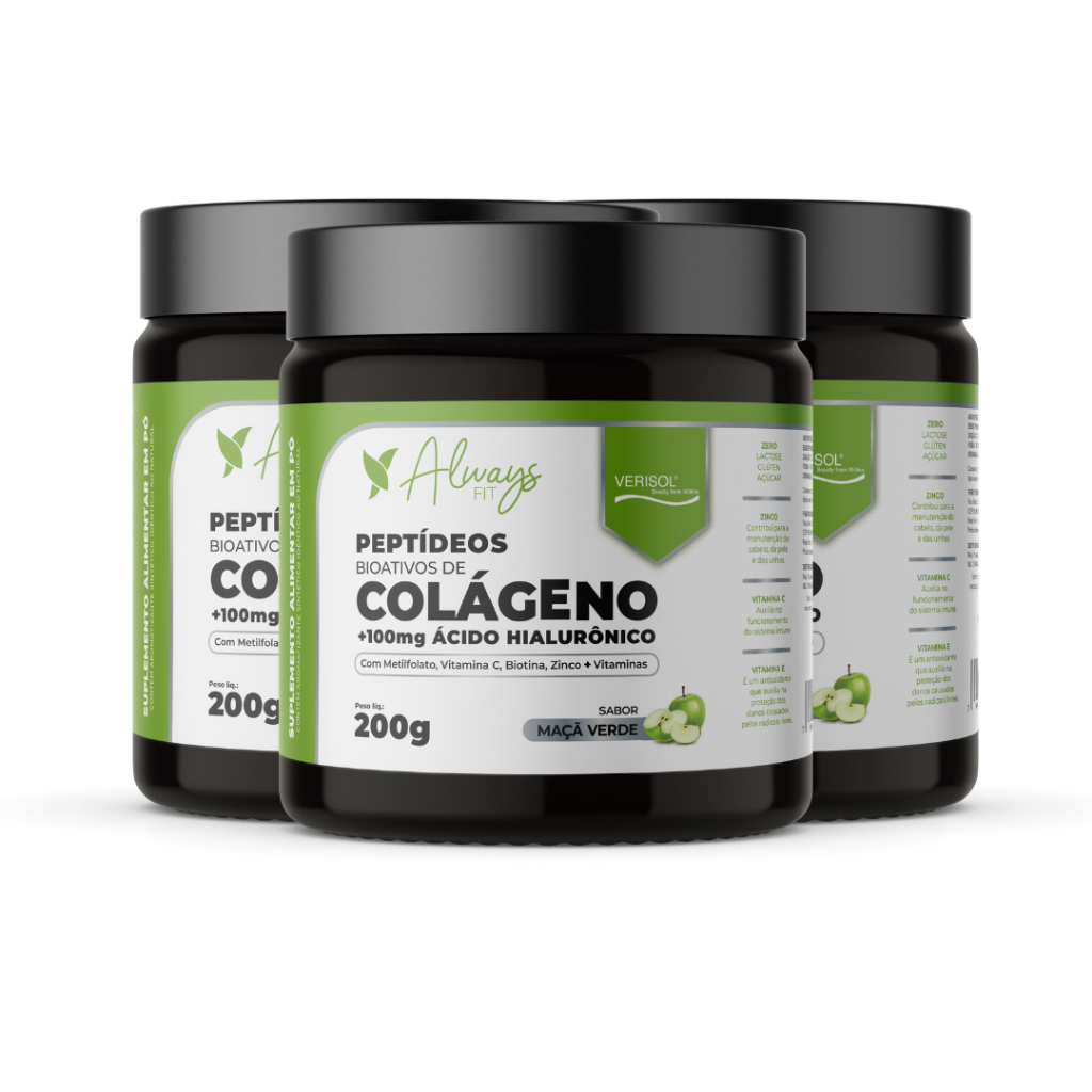 Colágeno Verisol Peptídeos Bioativos, 100mg Ácido Hialurônico, Metilfolato, Fibras + Vitaminas e Minerais - 3 Unidades