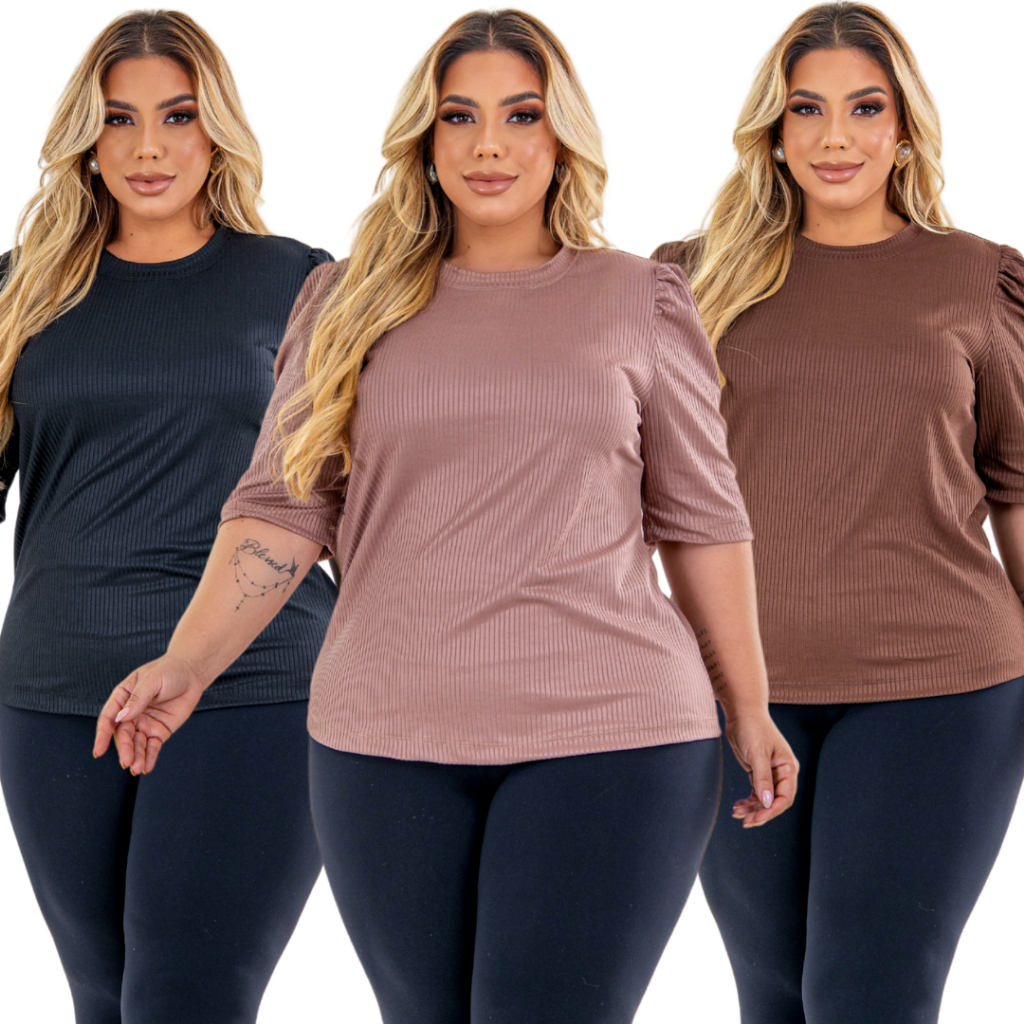 Blusa Plus Size Manga Bufante em Malha Canelada Elegante para Trabalho ou Passeios Casuais em Oferta na Shopee