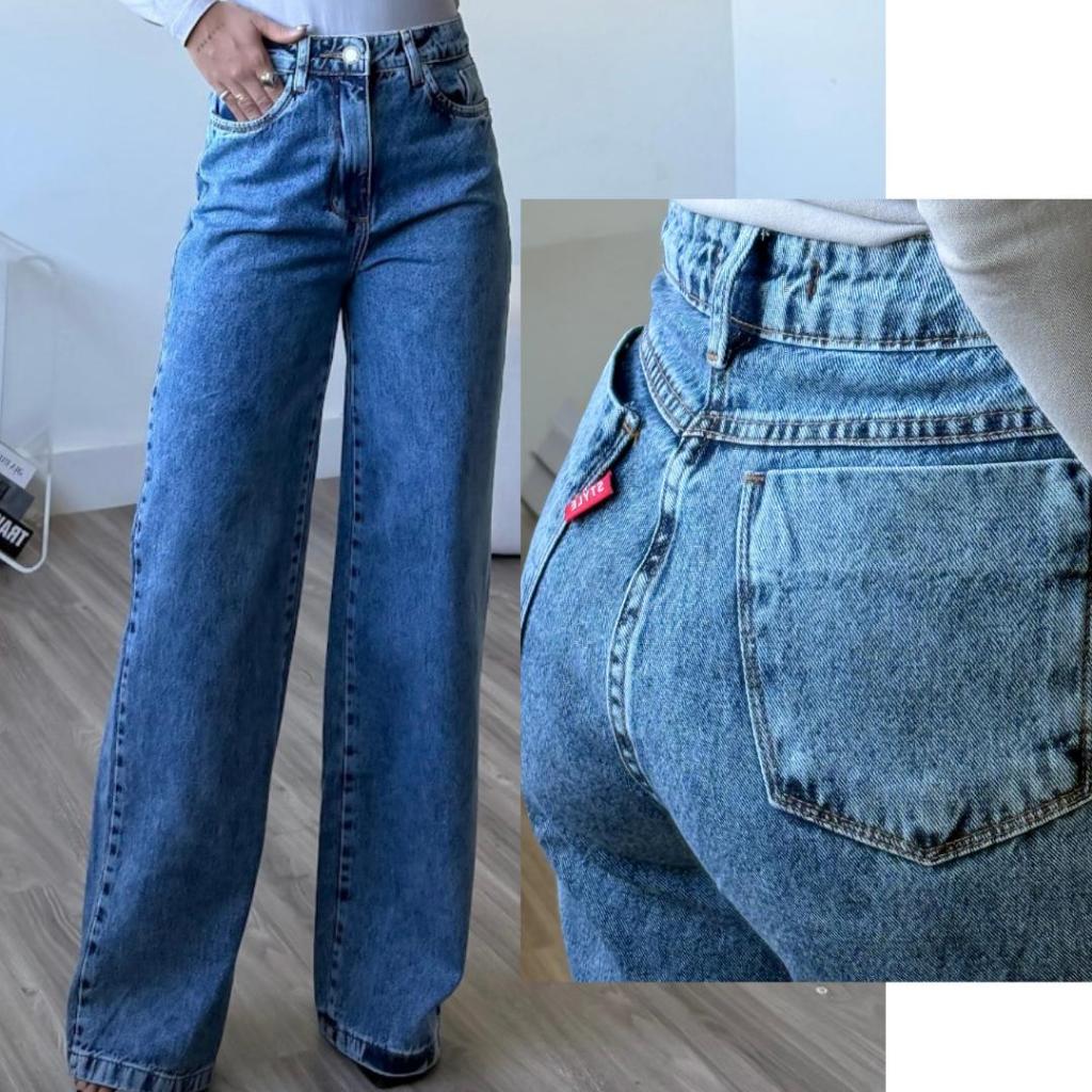 Calça Jeans Feminina Wide Leg pantalona Cintura Alta Tecido jeans