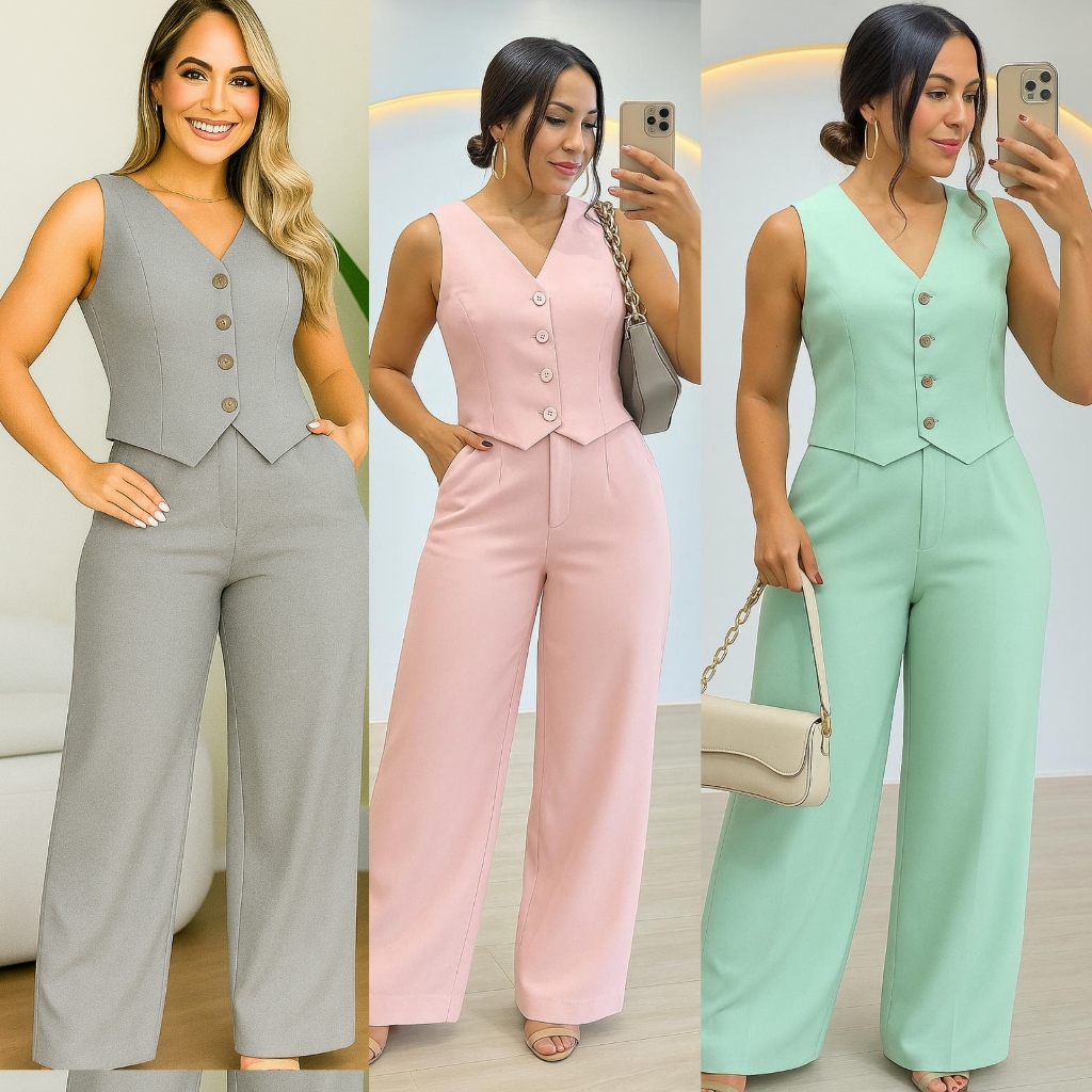 CONJUNTO FEMENINO LOOK SOCIAL E MODERNO  EN COLETE E CALÇA