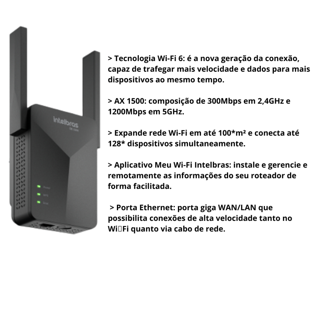 Extensor Mesh Cobertura de Até 100m² Wi-Fi 6 EX 1500 Preto Intelbras