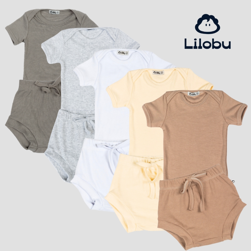 Kit 5 conjuntos Lilobu body bebe manga curta e short tapa fralda canelado macio e confortável 24005-K5
