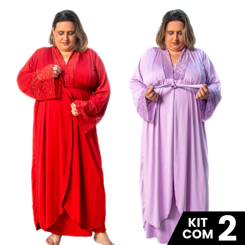 Kit 2 Robes Feminino Longo Plus Size  Com Faixa Gestante Maternidade Pós Parto Roupa Dormir e Banho