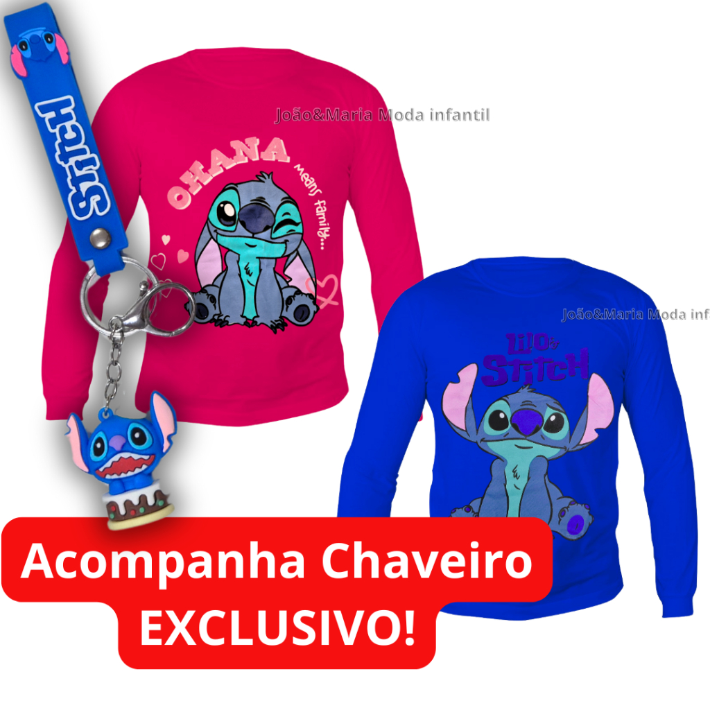 Camiseta Infantil Lilo Stitch Manga Longa 100% Algodão