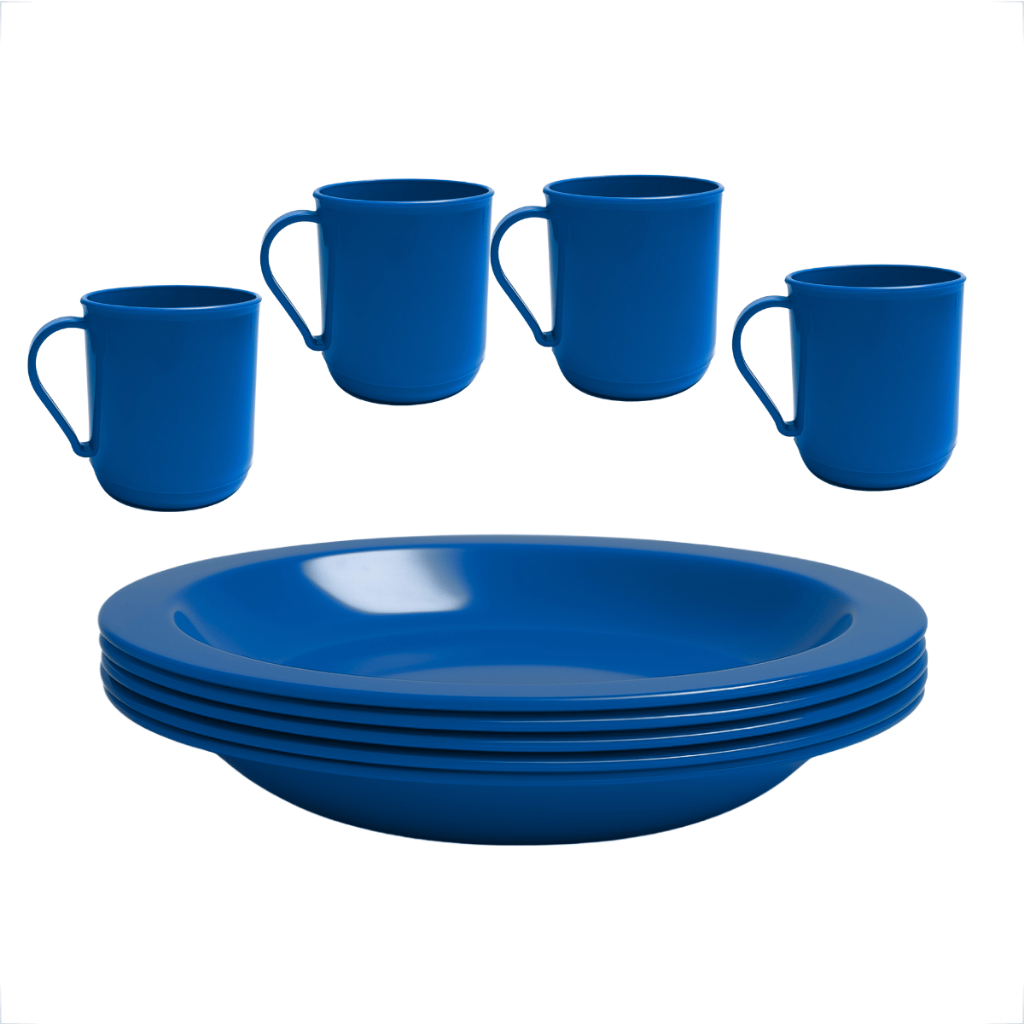 Kit 4 Pratos Fundo + 4 Canecas 400ML Coloridas Plástico Reutilizável P/ Festa e Escola Creche