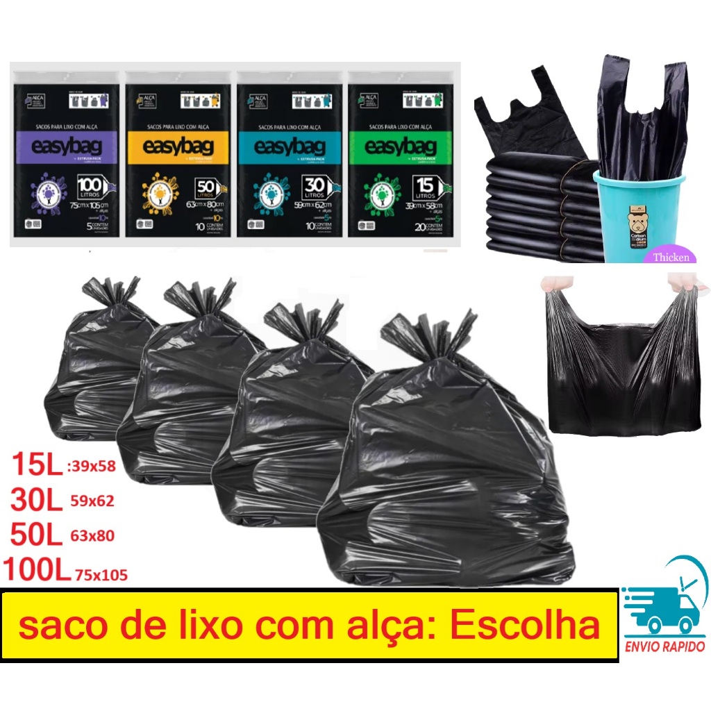 Saco de Lixo com Alça Resistente 15L 30L 50L 100 litros prático – Coleta Limpeza em Oferta na Shopee