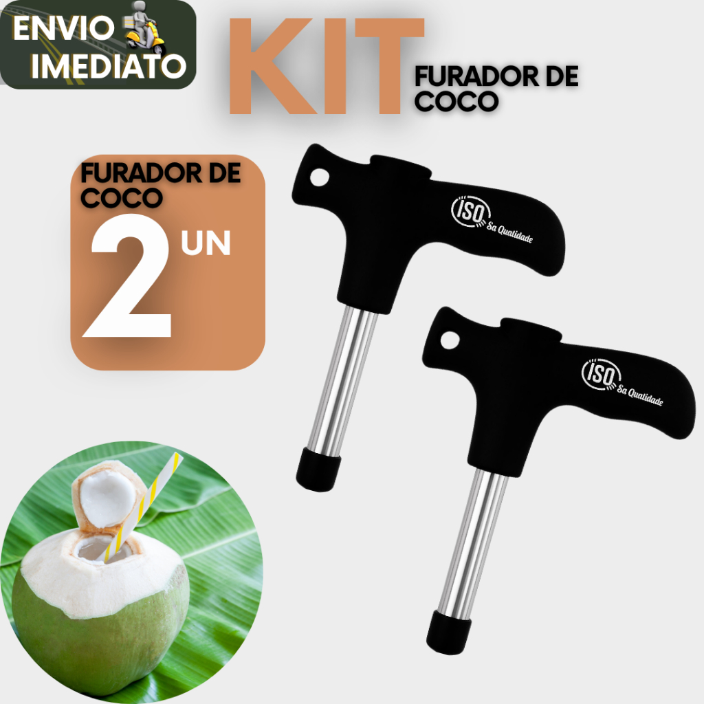 Kit 2 Furador de Coco em Aço Inox Cabo Plástico 13 cm Abrir Cocô Ideal Bares e Quiosques de Praia