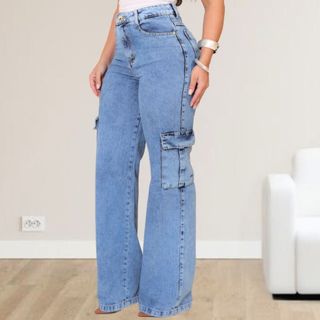 Calça Cargo Wide Leg Jeans Feminina Cintura Alta Marmorizada Moda Gringa Tecido Grosso Premium