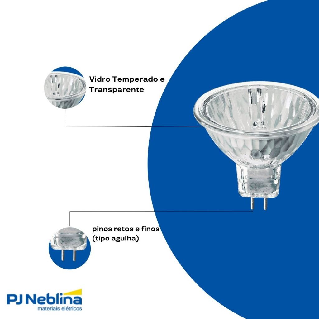 Detalhes do Kit 10 Lâmpadas Halógenas Dicroica MR16 50W 12V GU5.3 2800K | Ideal p/ Spots, Residências e Lojas