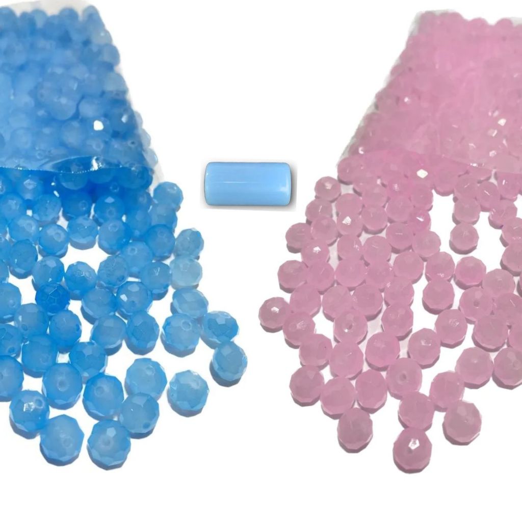 100 Missangas Azul Leitoso e 100 Missangas de cristal Rosa leitoso 8mm + Firma | Para Guia Erê umbanda candomblé
