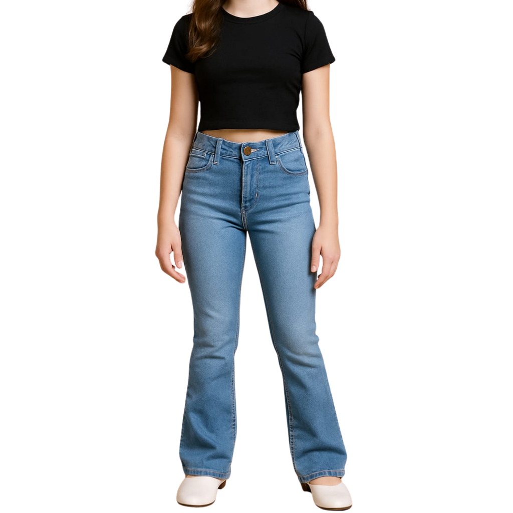Calça flare jeans feminina infantil e juvenil lançamento do momento