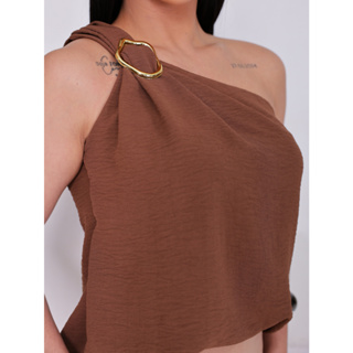 Blusa Feminina Alça Única Fivela Orgânica Dourada Tecido Duna um Ombro Manga Mula Elegante M G GG em Oferta na Shopee