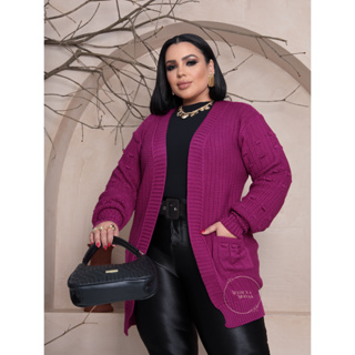 Casaco cardigan plus size com bolso casaco feminino trico em Oferta na Shopee