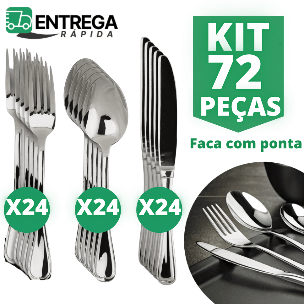 Jogo de Talhares 72 Peças Inox 24 Colheres 24 Garfos 24 Facas de Serra com Ponta Jogo De Talheres