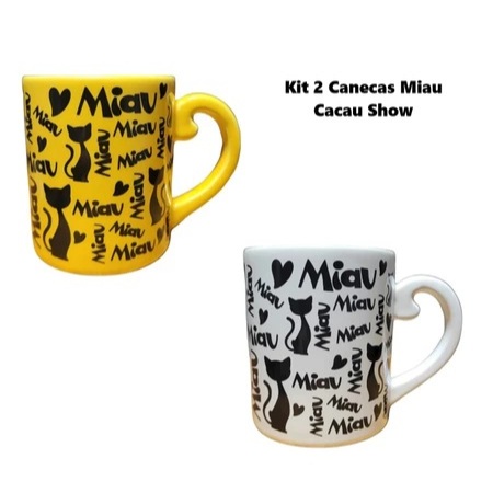 Kit 2 Canecas Cacau Show miau - amarela e preta/branca  Chocolate Quente Chá Café 300 ml