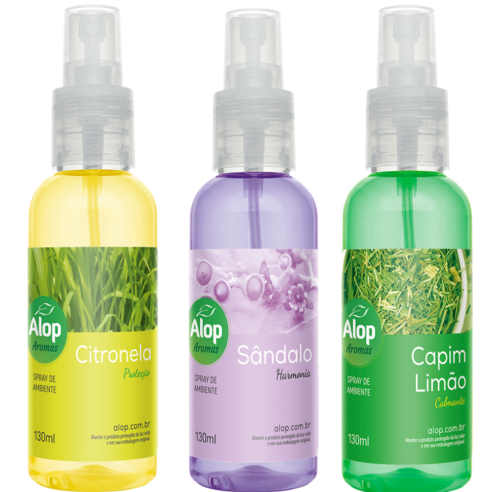 Trio de Aromatizantes em Spray 130ml – Uso Residencial e Comercial - CITRONELA / SÂNDALO / CAPIM LIMÃO