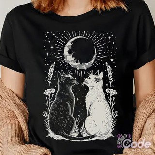 Camiseta T-shirt Unissex Algodão Cats and the moon