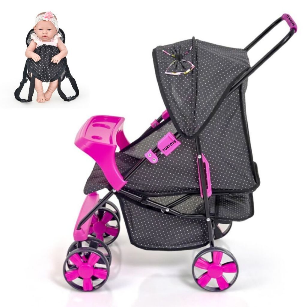 Carrinho de Boneca Infantil Milan Alive Reborn Luxo bandeja + Canguru