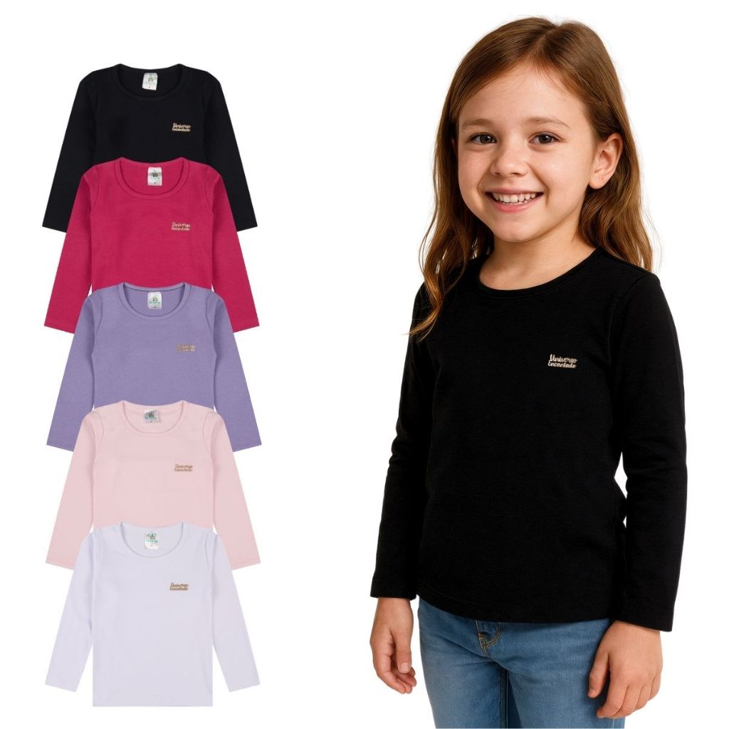 Kit 3 Blusas Manga Longa Infantil Menina Algodão Lisa em Oferta na Shopee