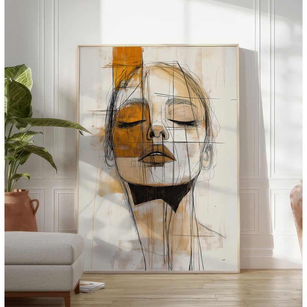 Quadro Decorativo GRANDE Com Moldura Filete Vidro Sala Escritório Abstrato Pintura Desenho Feminino em Oferta na Shopee