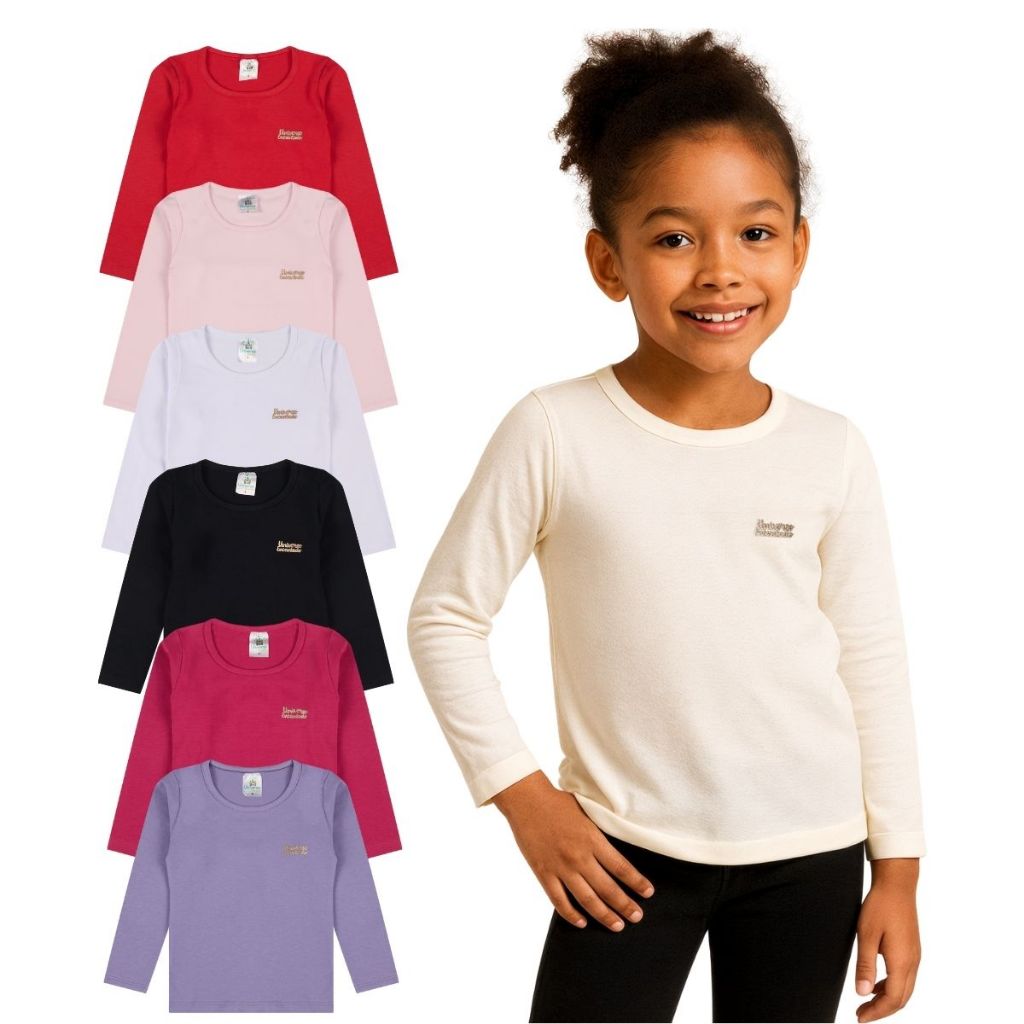 Kit 1, 3 ou 5 Blusas Manga Longa Infantil Bebê Menina Algodão Lisa Camisetas Manga Longa Infantil Feminino De Algodão em Oferta na Shopee