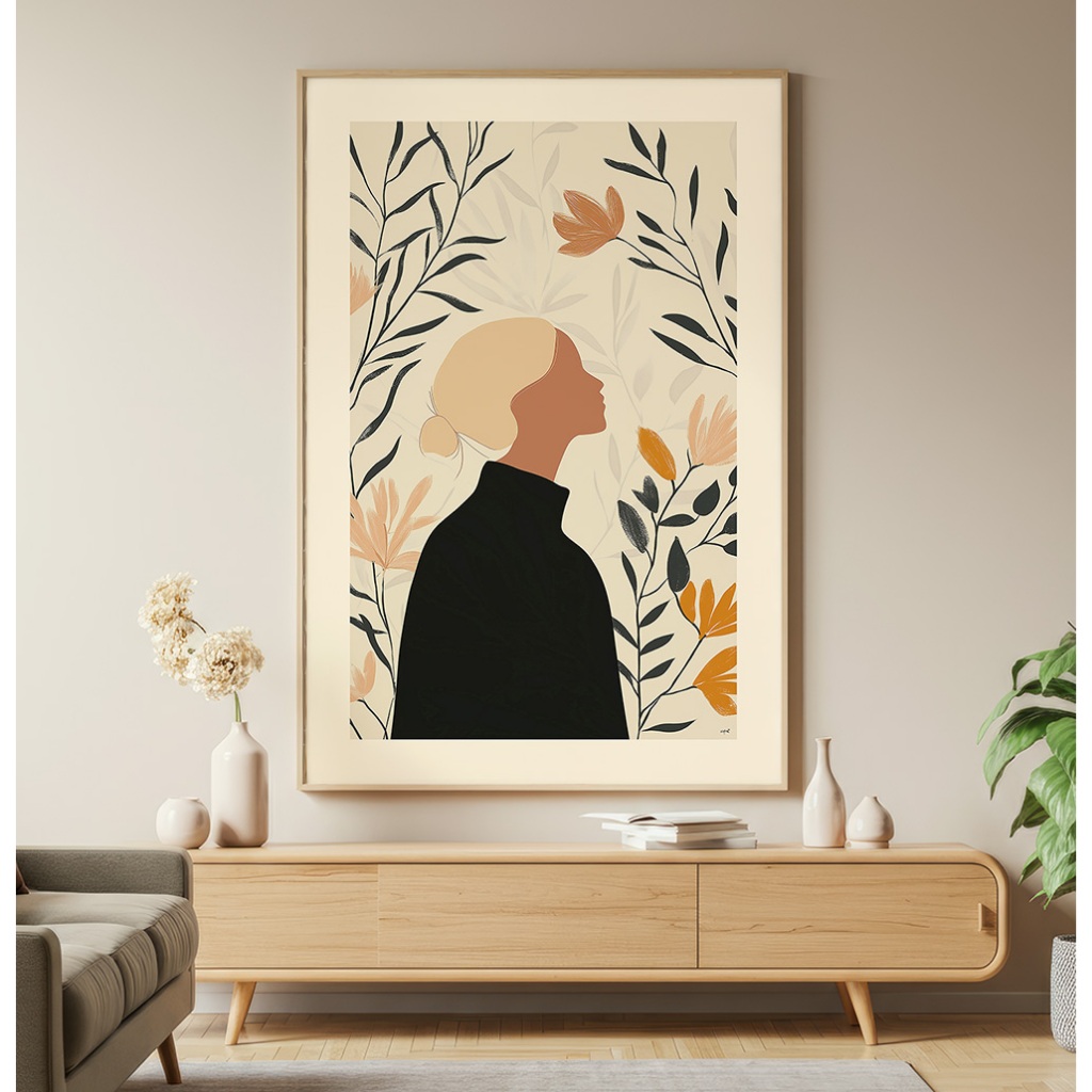 Quadro Abstrato Folhagem Com Moldura Quadro Decorativo Sala Grande Quadro Feminino Mulher No Jardim