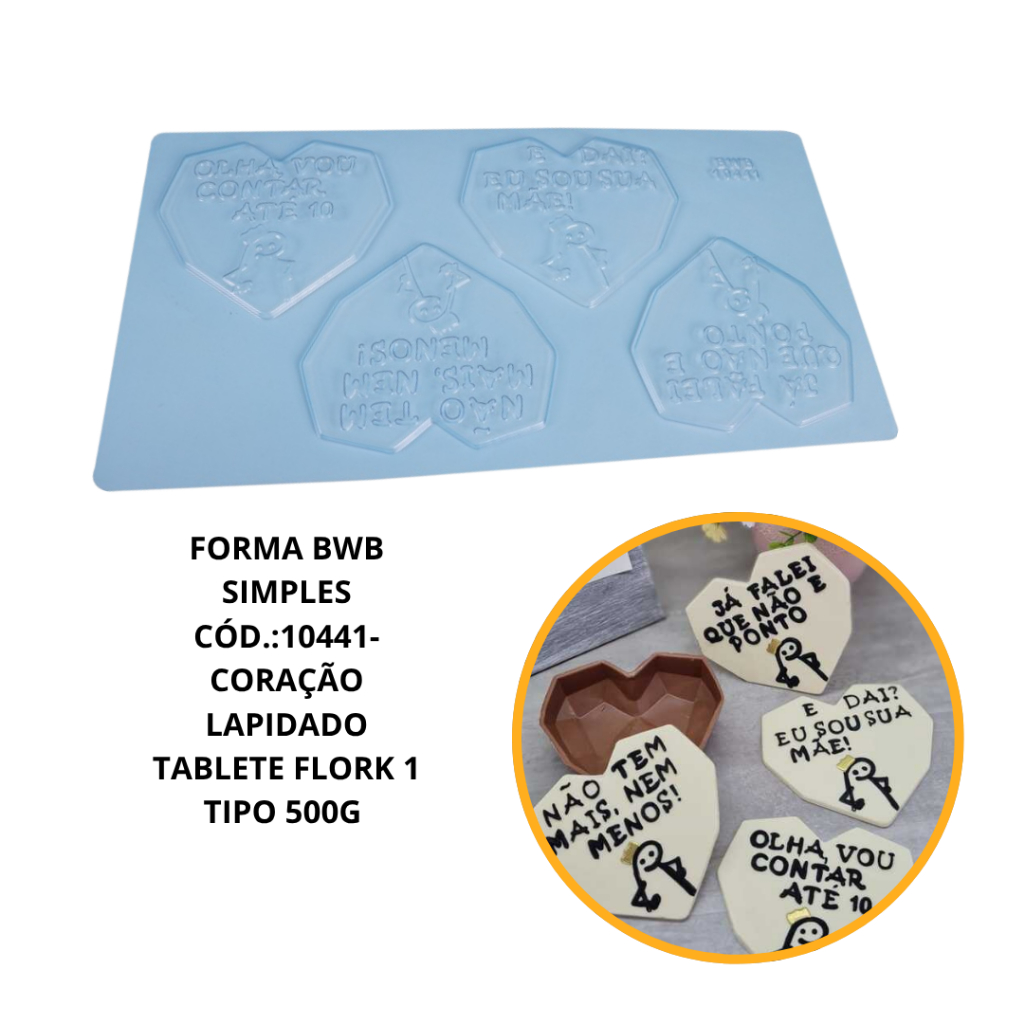 FORMA BWB SIMPLES GRANDE- CORAÇÃO LAPIDADO TABLETE FLORK 1TIPO 500G CÓD.:10441(BWB PLACA) PARA BOMBOM DOCE DE CHOCOLATE. em Oferta na Shopee