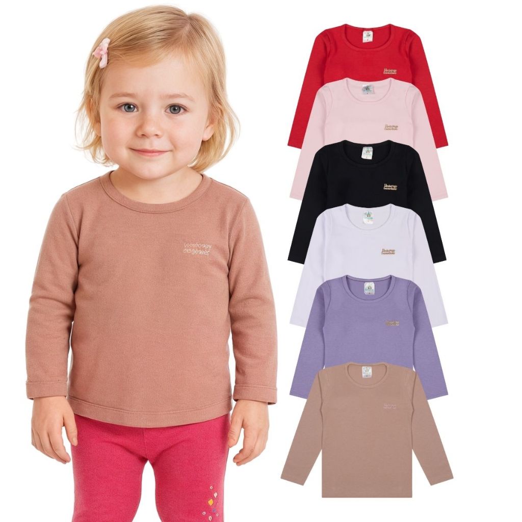 Kit 3 Blusas Manga Longa Infantil Bebê Menina Algodão Lisa em Oferta na Shopee