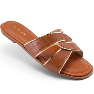 Sandália Rasteira Feminina Lumiss Confortável Croco Trançada Caramelo em Oferta na Shopee