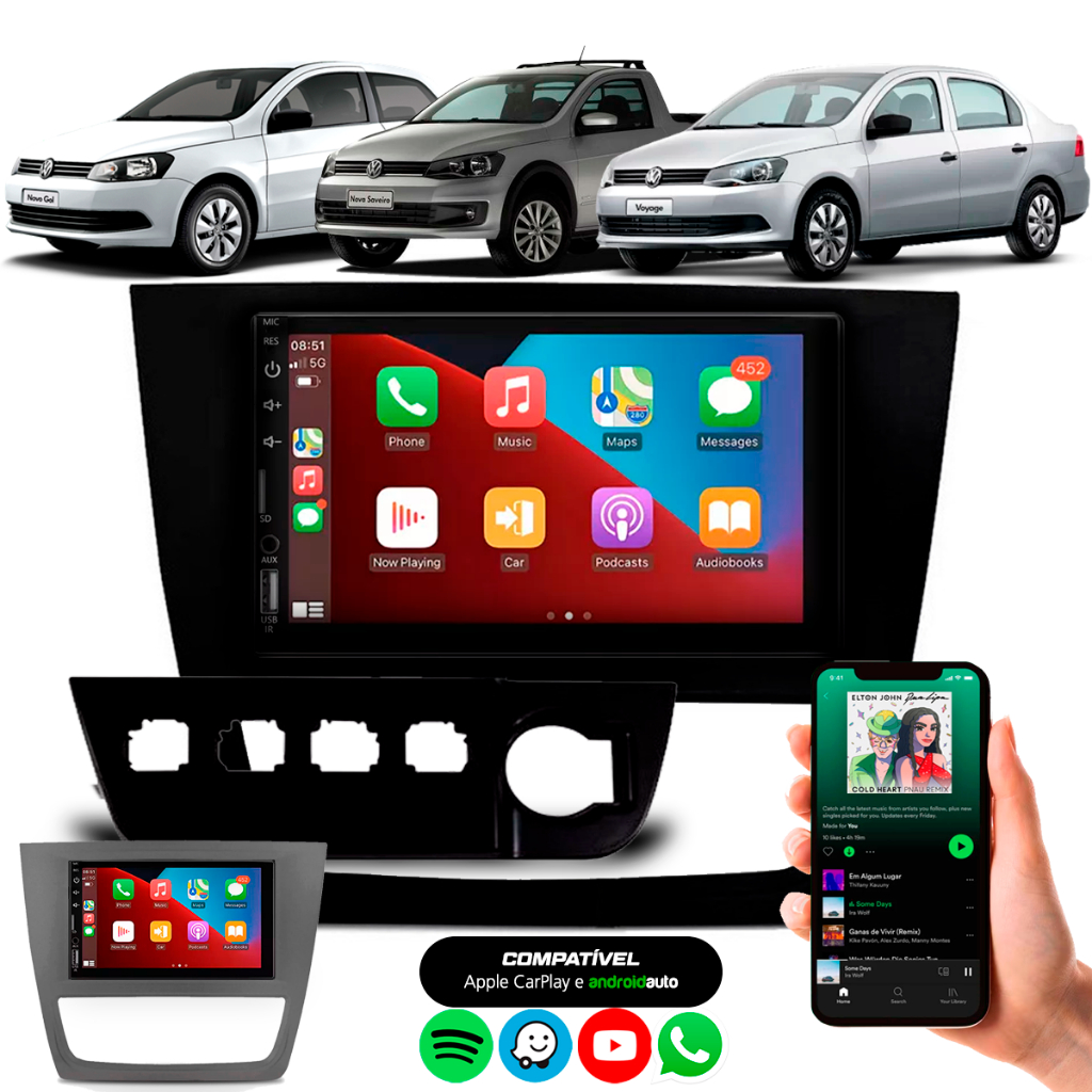 Kit Central Multimídia 7 Polegadas Carplay Gol Saveiro Voyage 2013 até 2016 G6 Moldura Preta em Oferta na Shopee