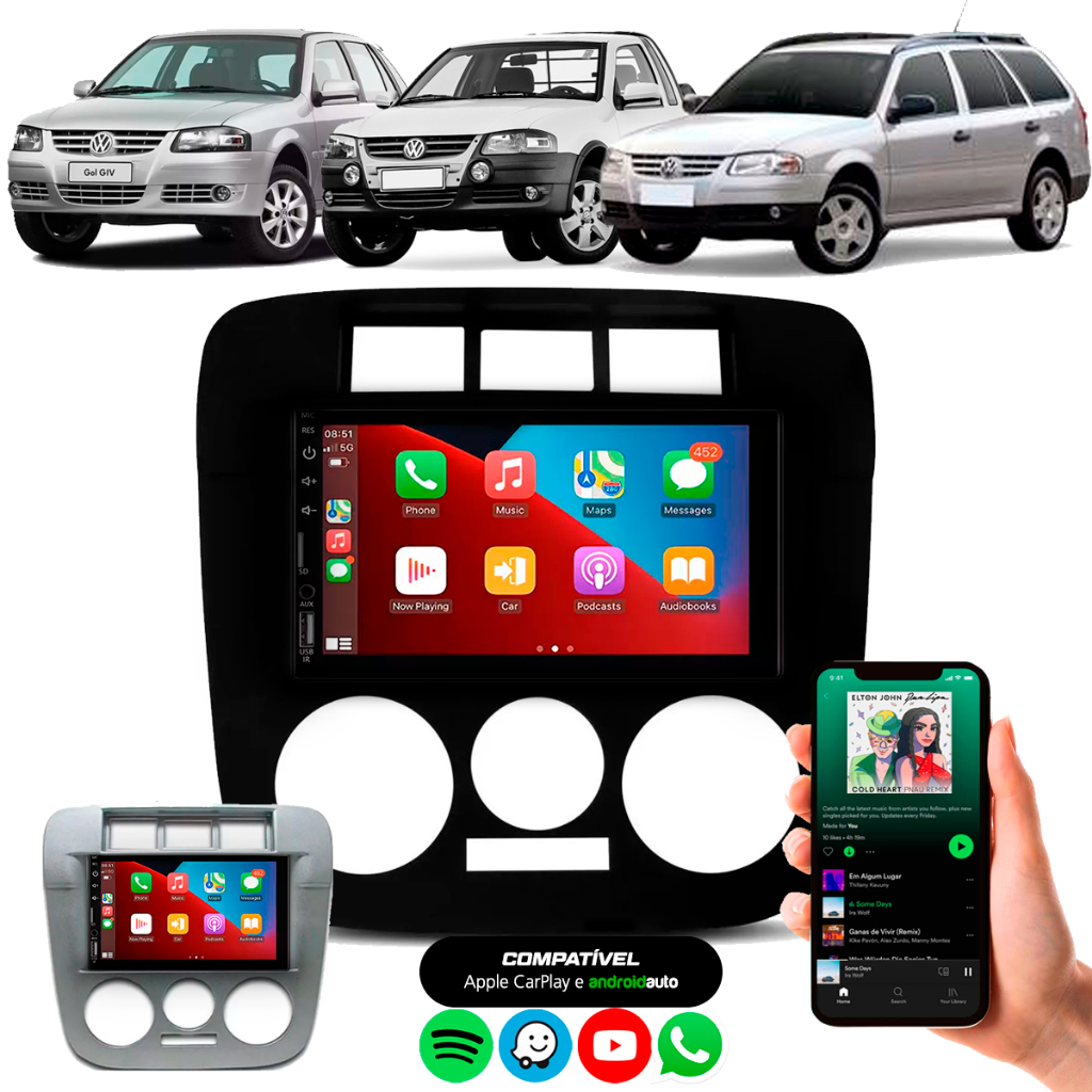 Multimídia 7" Polegadas Gol Saveiro Parati G4 CarPlay Android Auto Espelhamento Celular + Moldura 2 Din em Oferta na Shopee