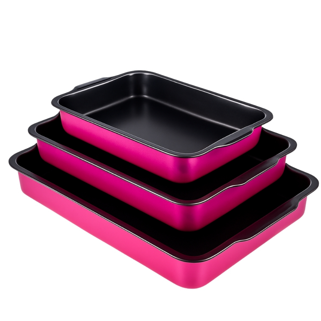 Jogo Assadeira Retangular Antiaderente 3 Peças Rosa Nacional - Home & Living