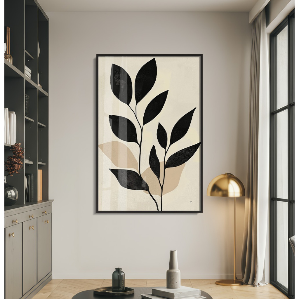 Quadro Folhagem Abstrato Grande Quadro Decorativo Sala Quadro Com Moldura Quarto Ramo Preto E Bege