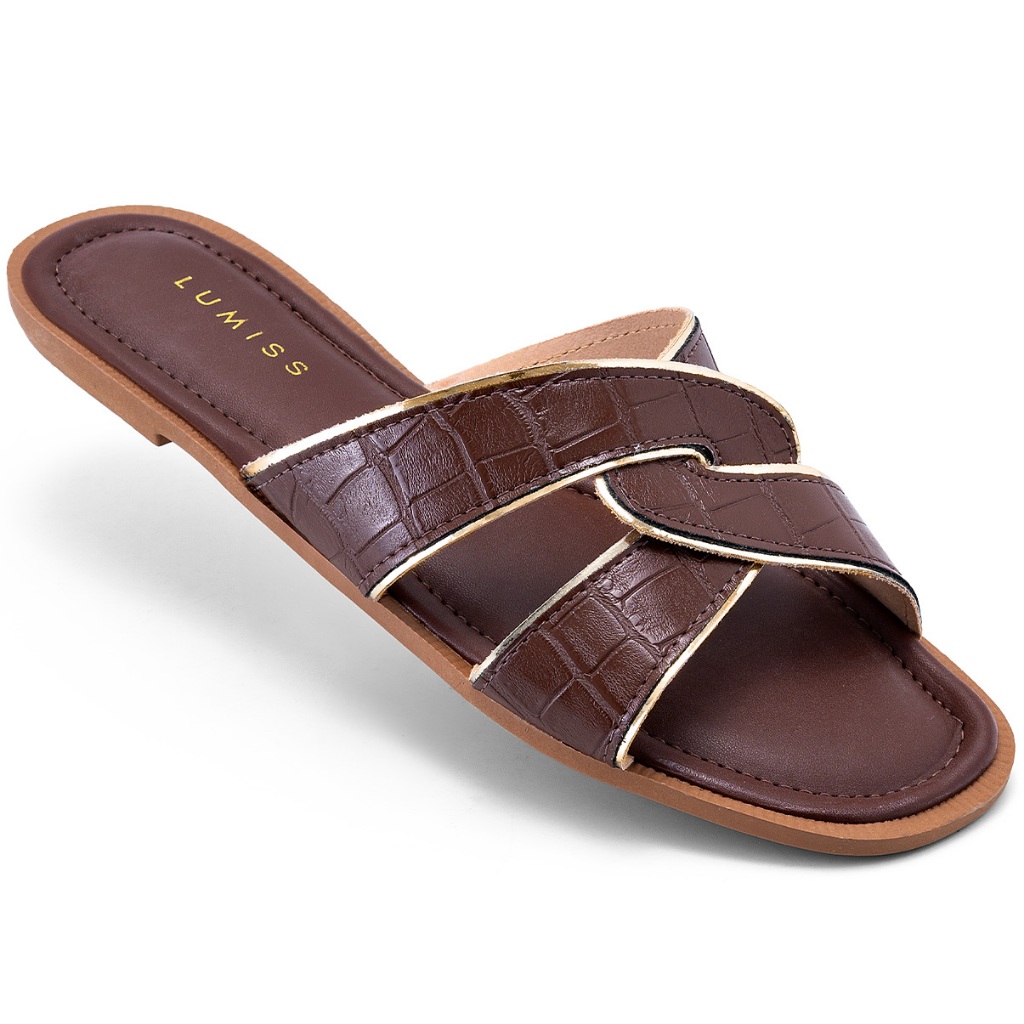 Sandália Rasteira Feminina Lumiss Confortável Croco Trançada Marrom em Oferta na Shopee