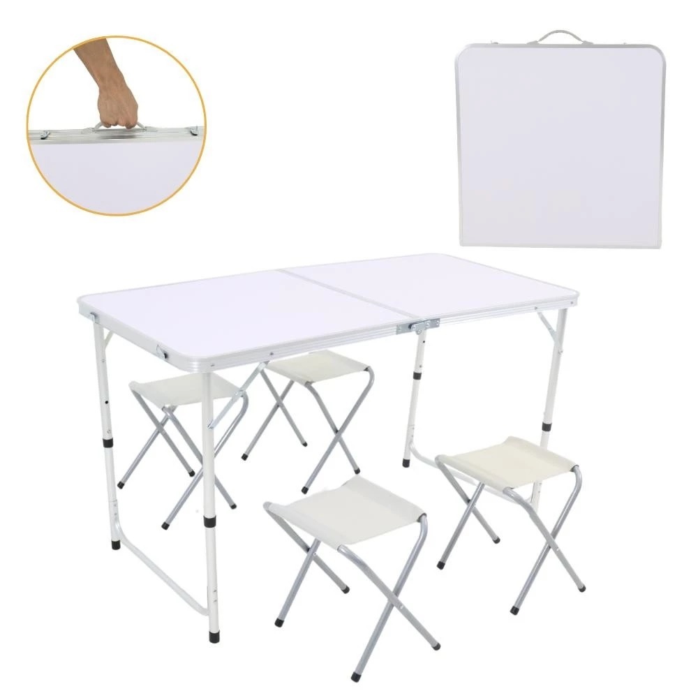 Kit Mesa Dobrável Portátil vira Maleta Alumínio com 4 Banquinhos Dobráveis Camping Acampamento
