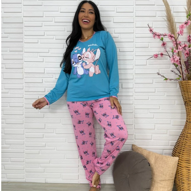 Pijama Longo Feminino Malha Adulto Manga Comprida Dejule — imagem 1