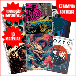 Kit Cadernos 10 Matérias Flow Jandaia 160 Folhas Capa Dura Grande Masculino Estampas Sortidas