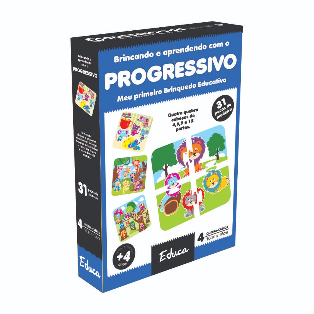 Quebra Cabeça Educativo Progressivo Madeira 4, 6, 9 E 12pçs