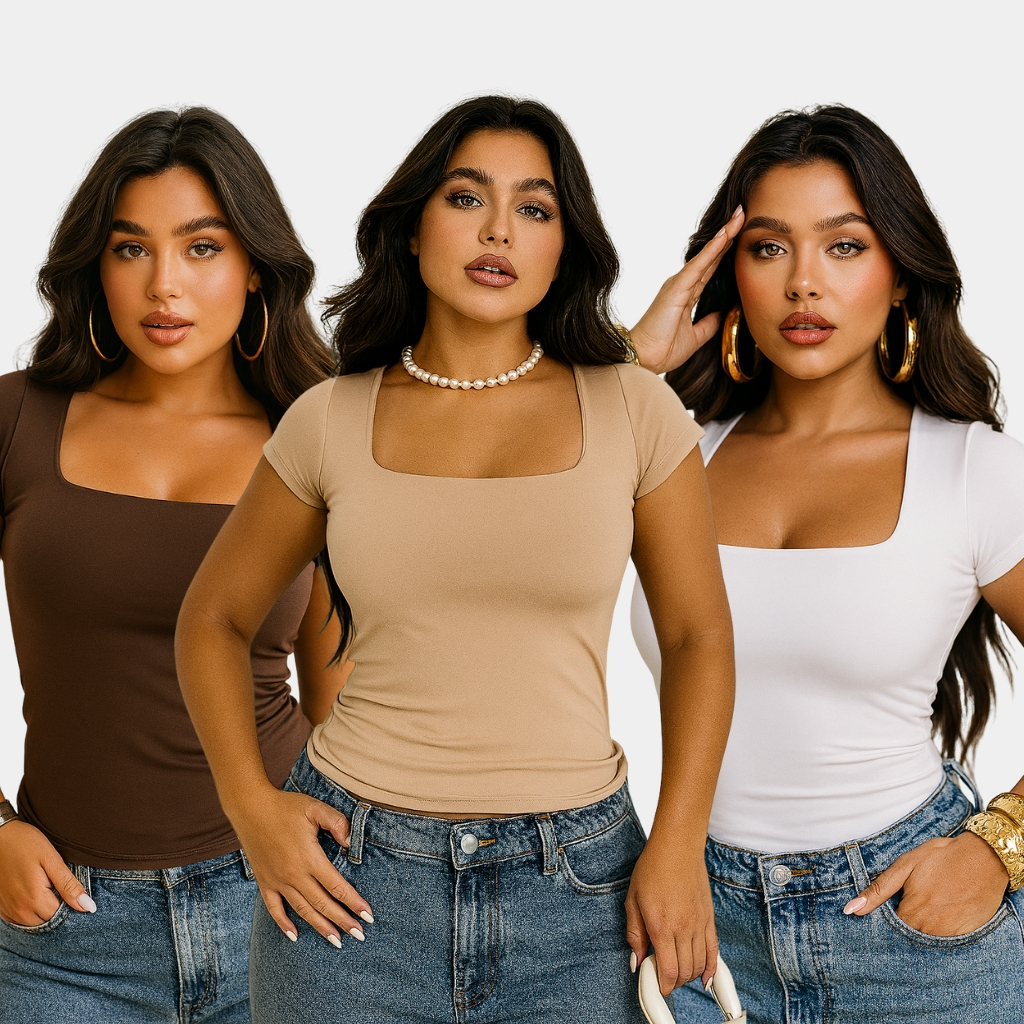 Kit 3 Blusa Feminina Decote Quadrado Suplex Baby Tee Manga Curta Básica