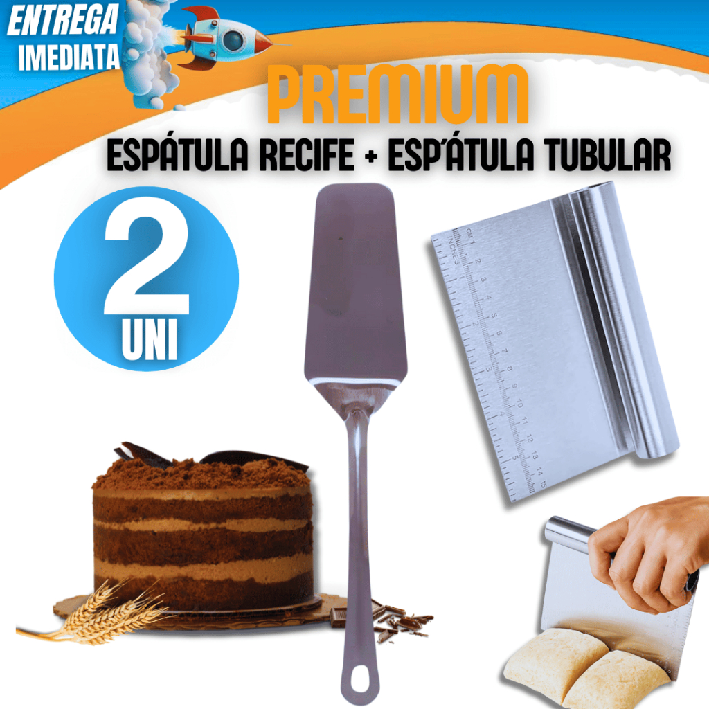 KIT 02 ou KIT 01 UN - Espátula Linha Recife Multiuso Premium + Espátula Raspadora Variáveis Utilidades Massas Pizza Inox